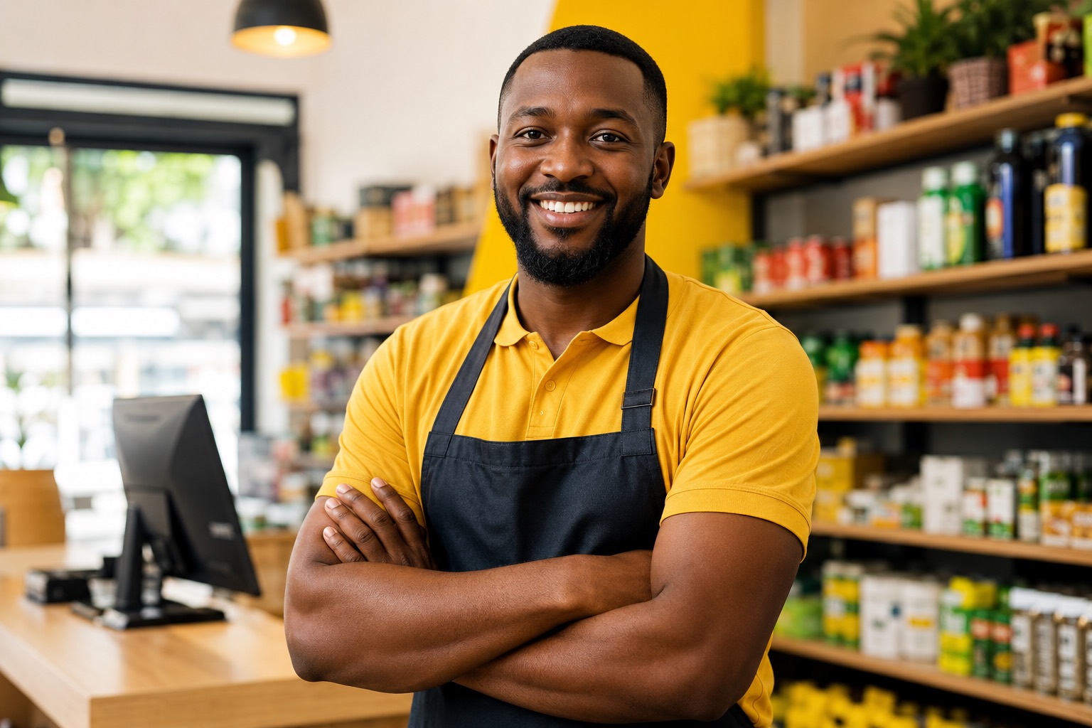 Commerçant sénégalais souriant dans sa boutique équipée de JAY